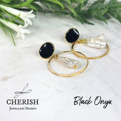 Viviene Golden Glamour Gemstone & Pearl earrings - Black Onyx