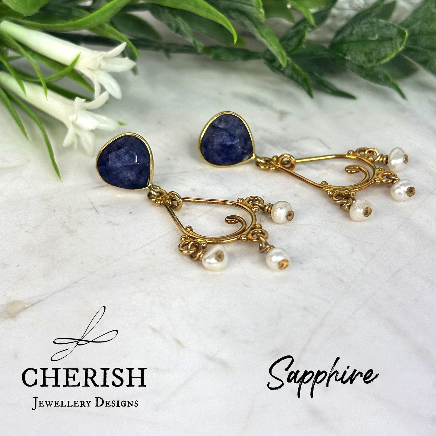 Viviene Golden Glamour Gemstone & Pearl earrings - Sapphire