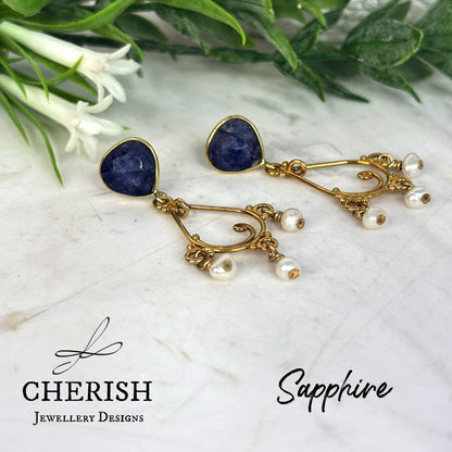 Viviene Golden Glamour Gemstone & Pearl earrings - Sapphire