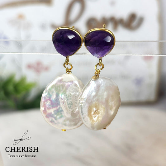 Viviene Golden Glamour Gemstone & Pearl earrings - Amethyst
