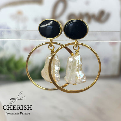 Viviene Golden Glamour Gemstone & Pearl earrings - Black Onyx