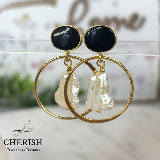 Viviene Golden Glamour Gemstone & Pearl earrings - Black Onyx
