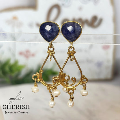 Viviene Golden Glamour Gemstone & Pearl earrings - Sapphire