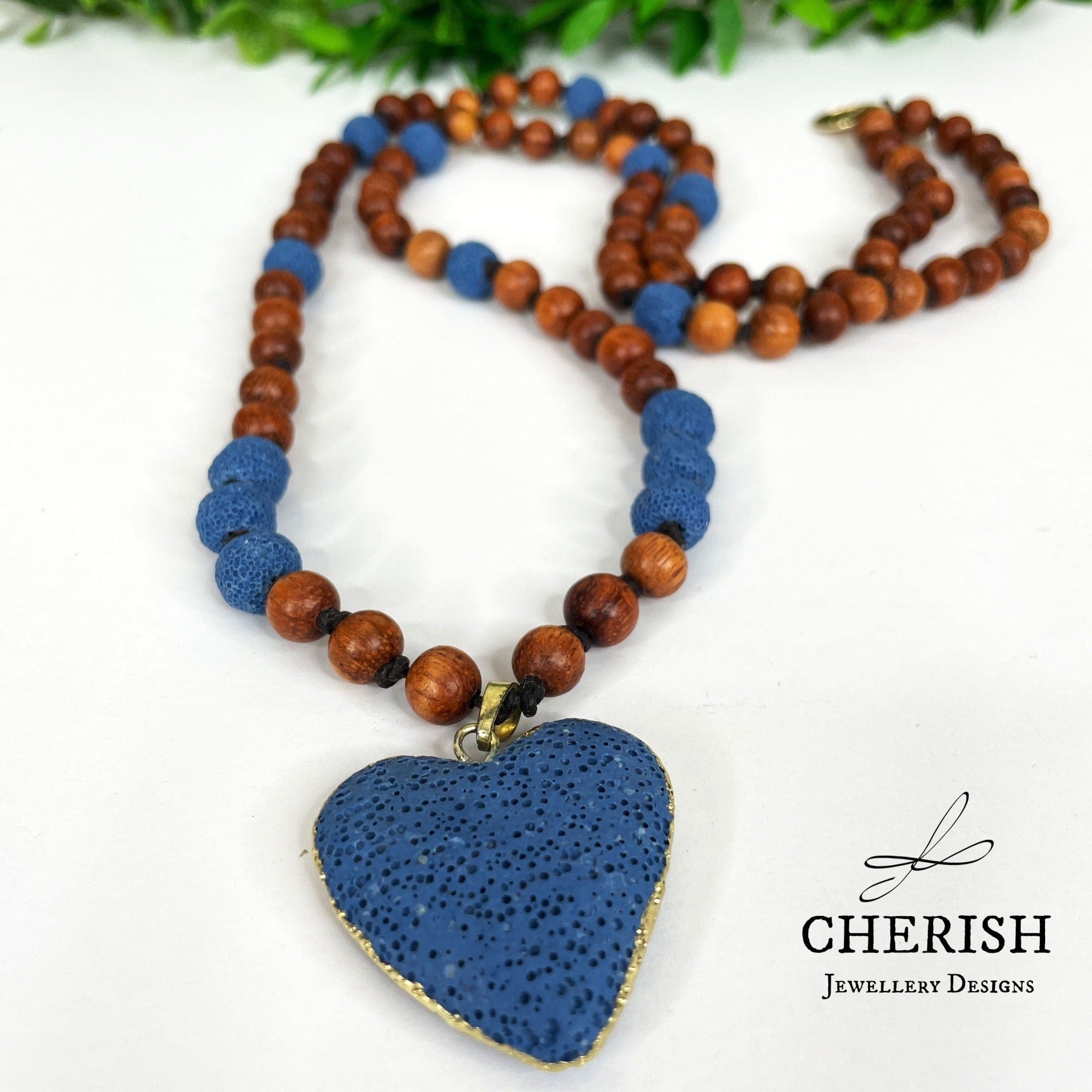 Cherish Jewellery Designs Handmade Jewellery Necklace Lava Stone Hand Knotted Timber Wood Blue Gifts Australia