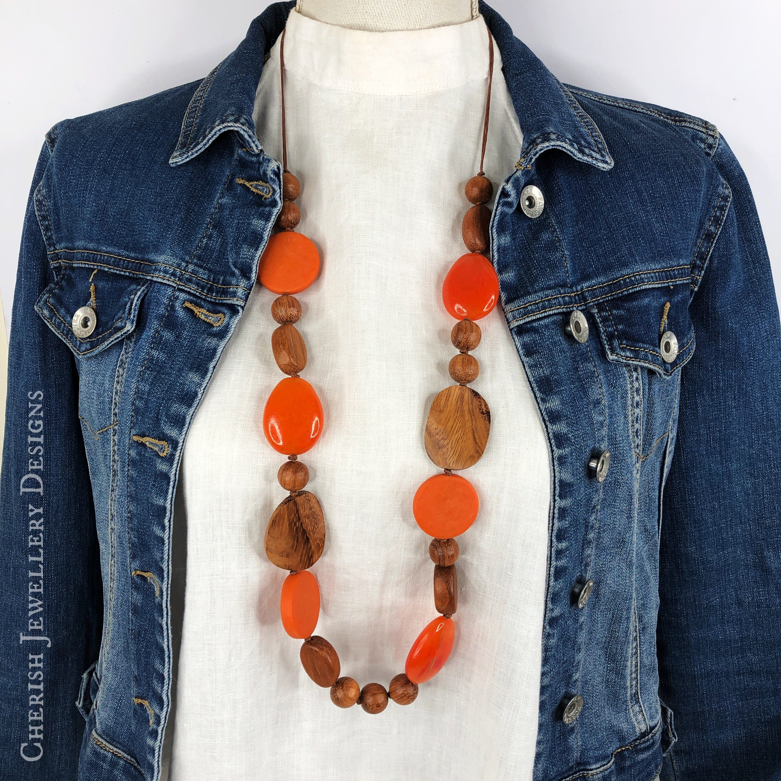 Bayong Wood with Solid Orange Resin Necklace