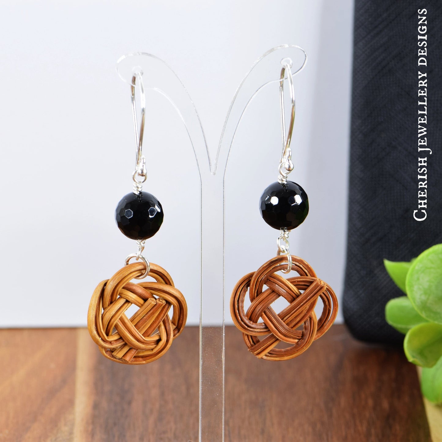 Black Onyx Celtic Knot Rattan Earrings