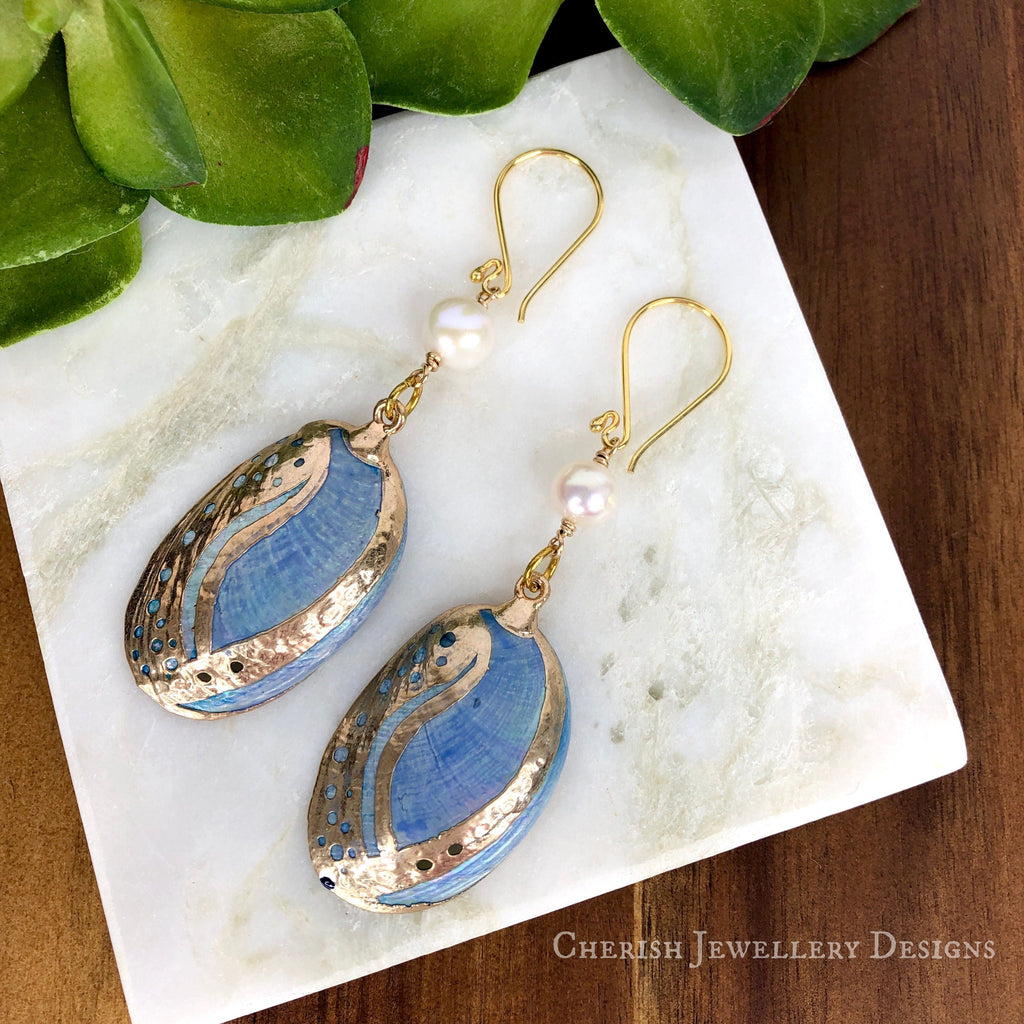 Blue Abalone & Pearl Earrings
