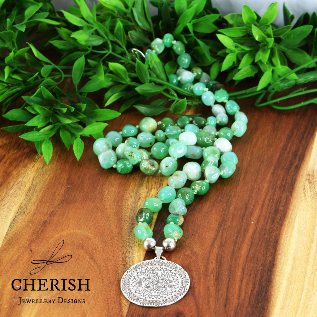 Australian Chyrsoprase Necklace with SS Mexican Etched Pendant