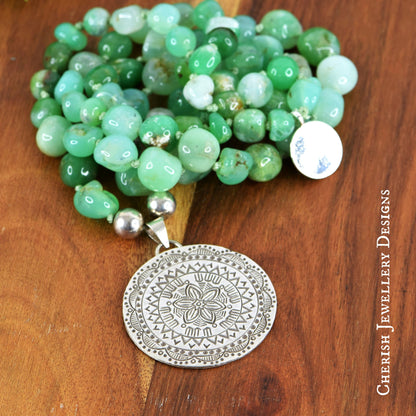 Leticia Australian Chyrsoprase Necklace with SS Mexican Etched Coin