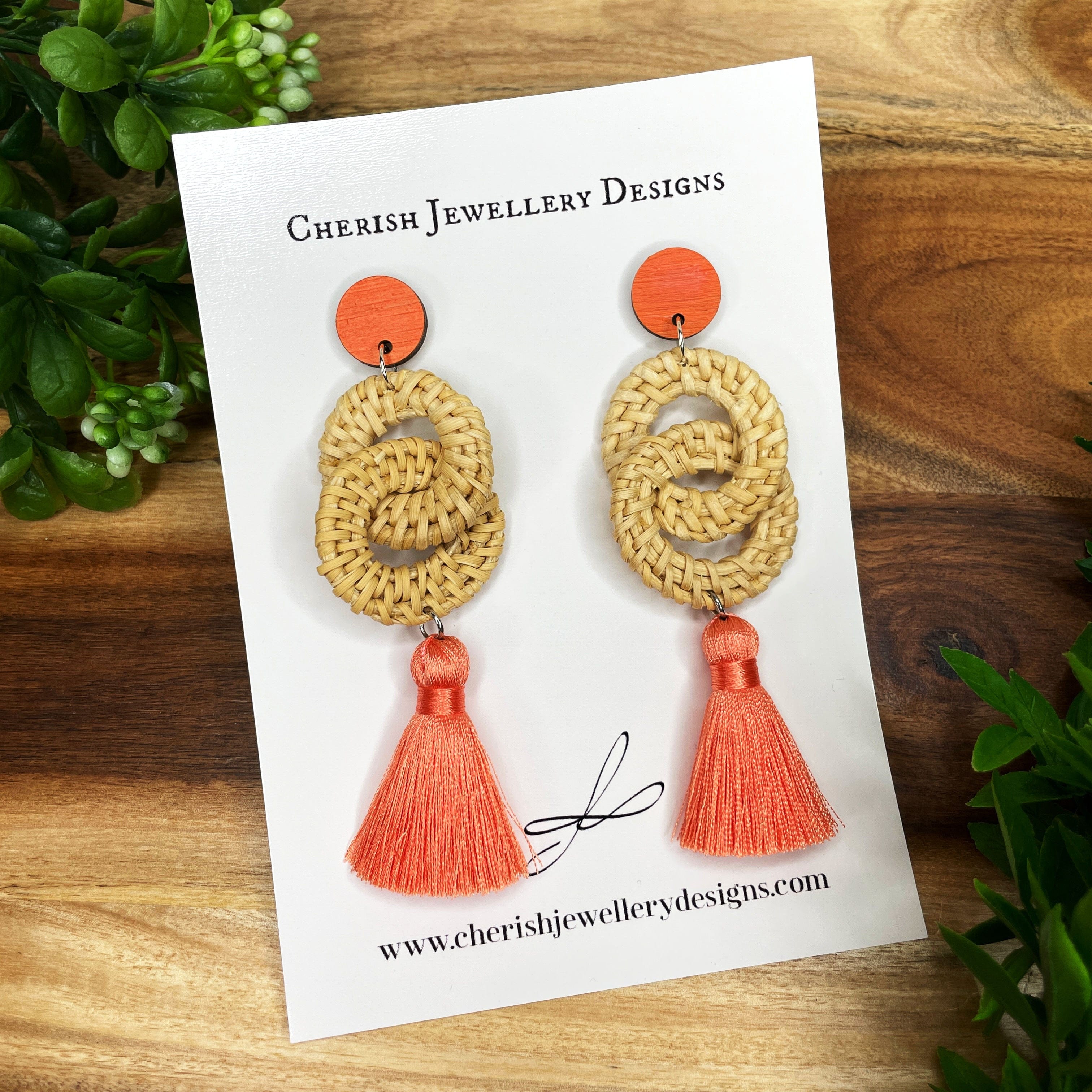 Double Rattan Tassel Earrings - Coral