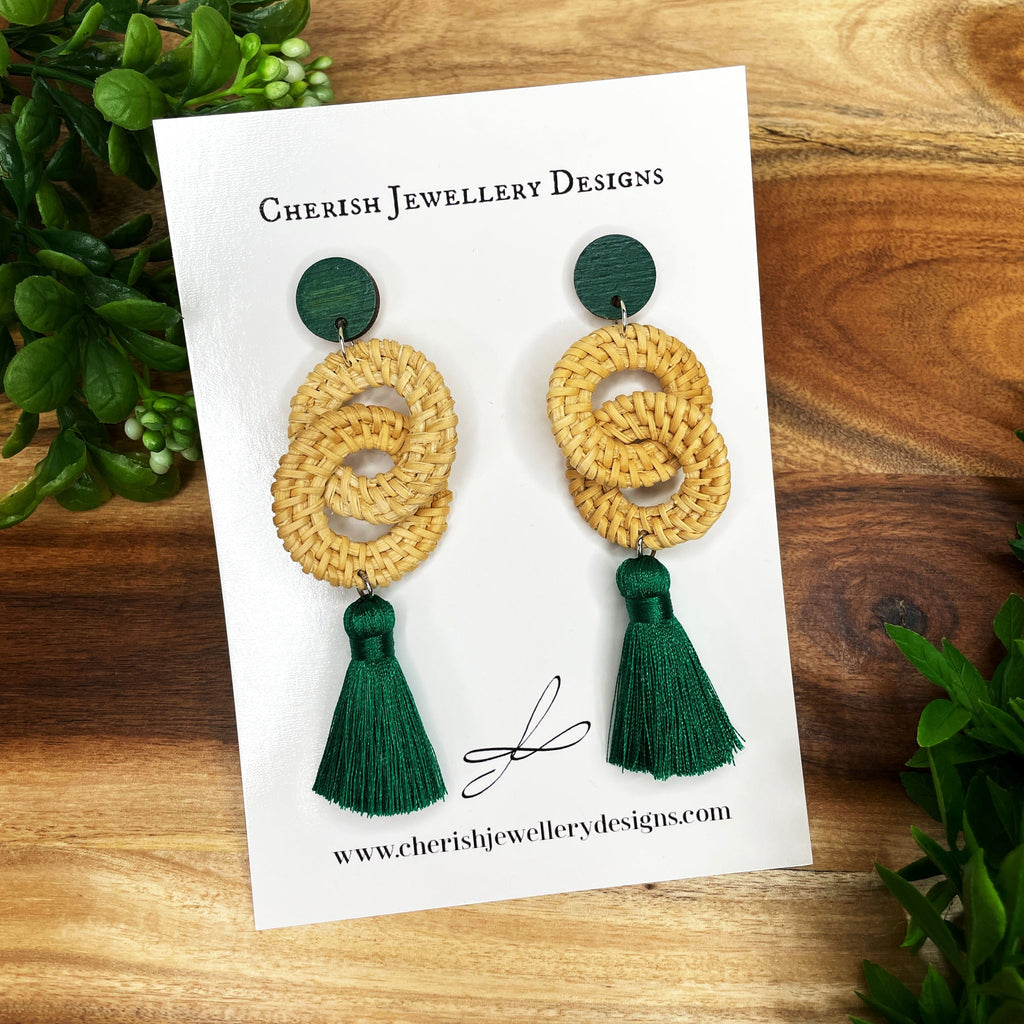 Double Rattan Tassel Earrings - Emerald