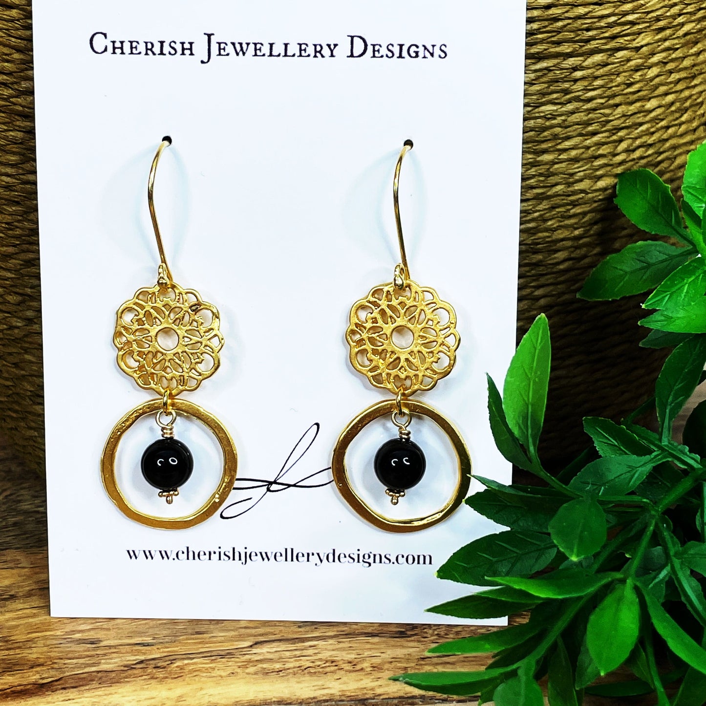 Gold Fretwork & Gemstone Earrings - Black Onyx