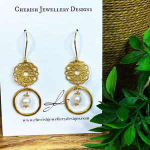 Gold Fretwork & Gemstone Earrings - Pearl