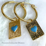 Gold Heart Tag Hoop Earrings - Blue