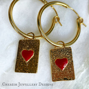 Gold Heart Tag Hoop Earrings - Red