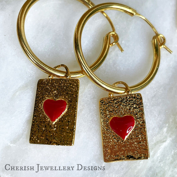 Gold Heart Tag Hoop Earrings Red – Cherish Jewellery Designs