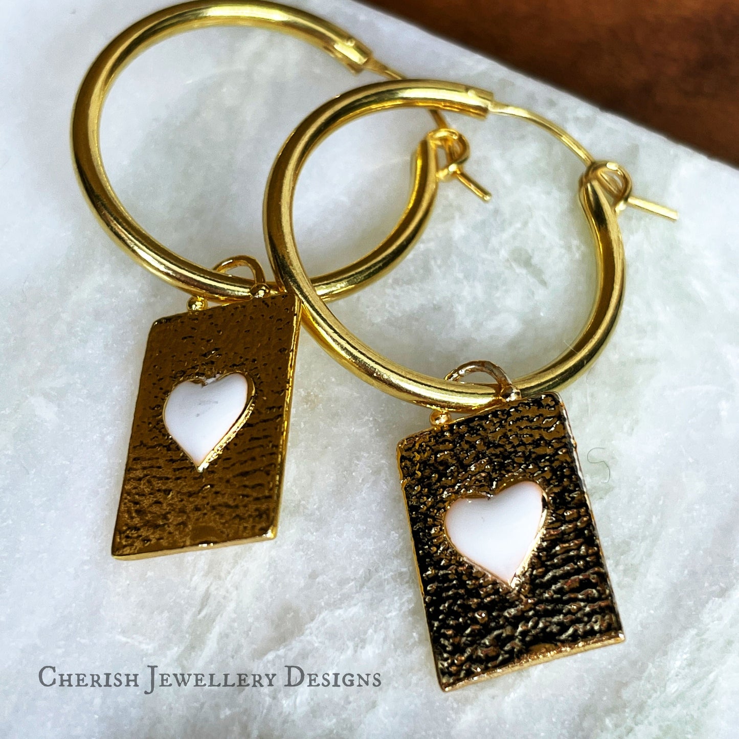 Gold Heart Tag Hoop Earrings - White