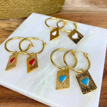 Gold Heart Tag Hoop Earrings - Blue