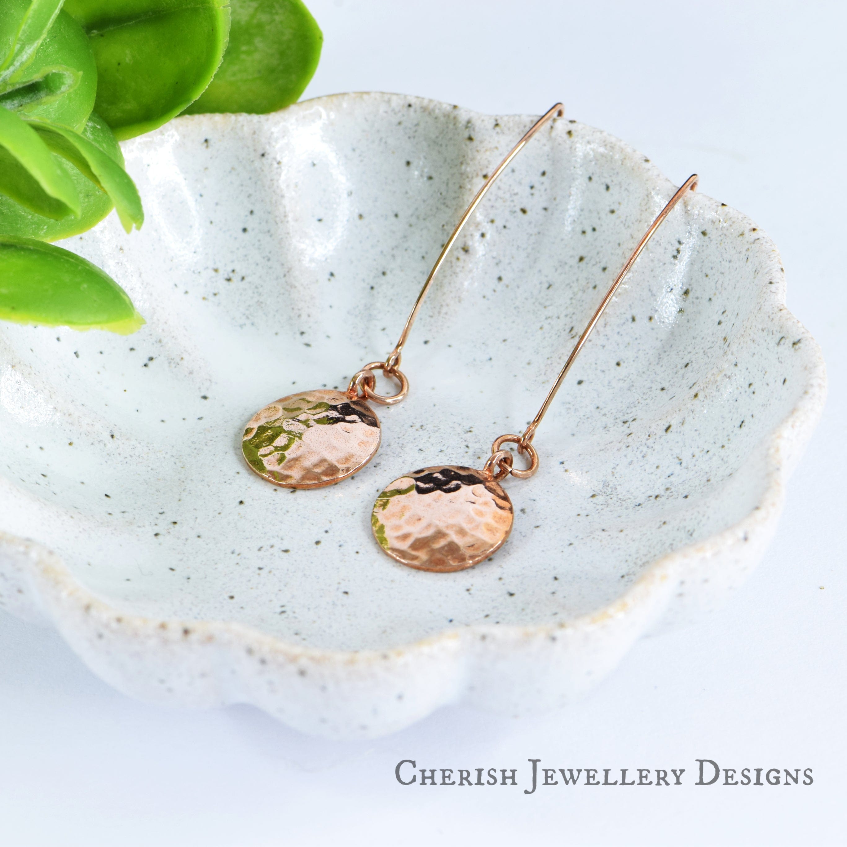 Hammered Disc Marquise Earrings - Rose Gold