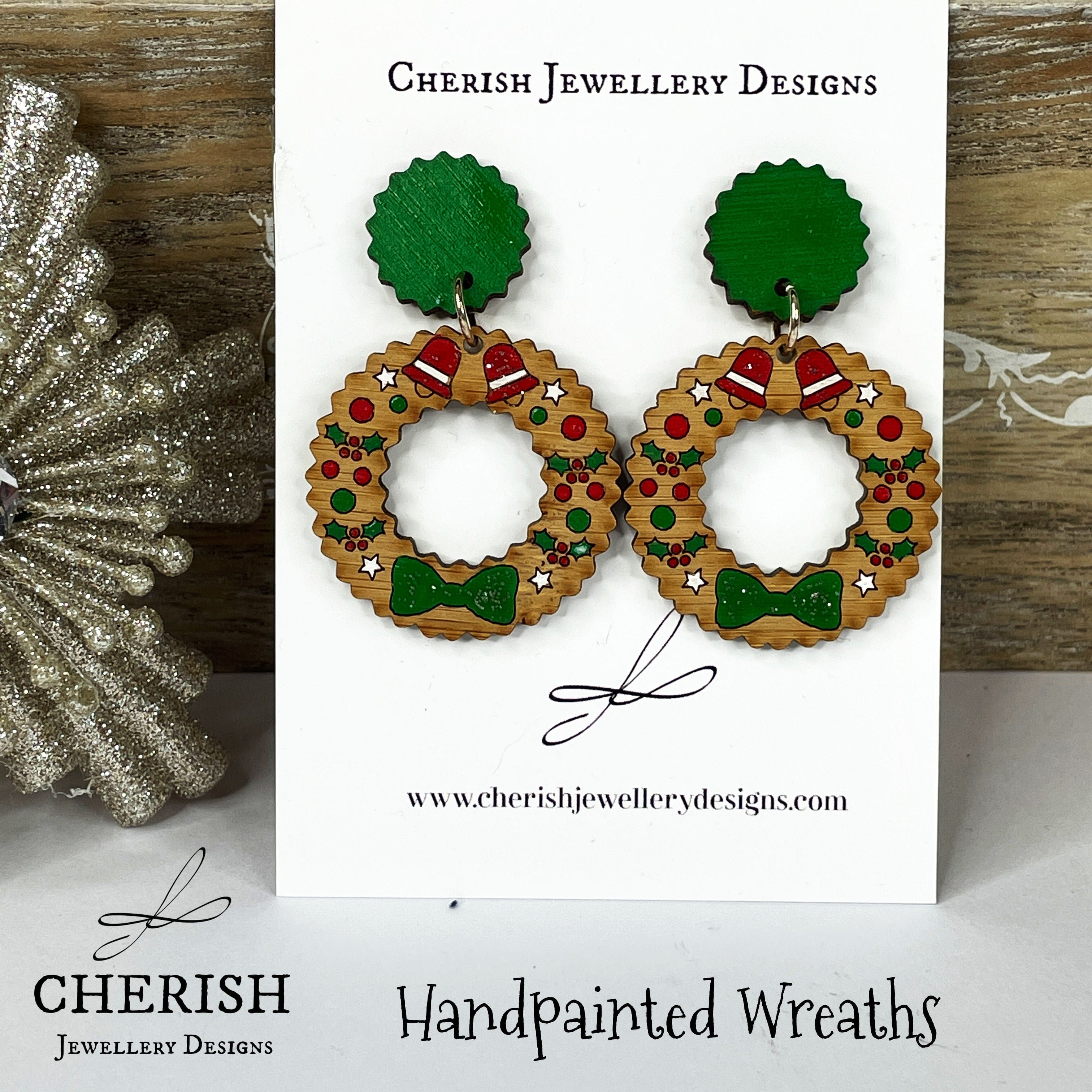 Hand Painted Christmas Wreath Earrings