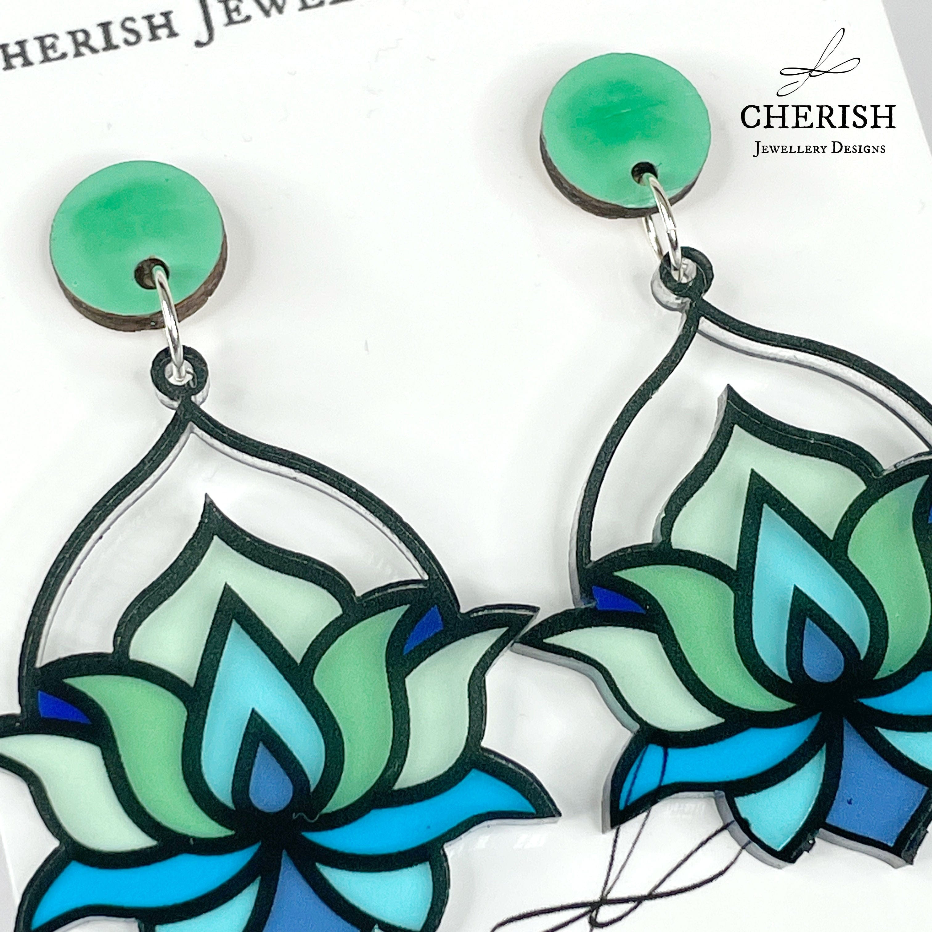 Lotus Stained Glass Earrings - Mint