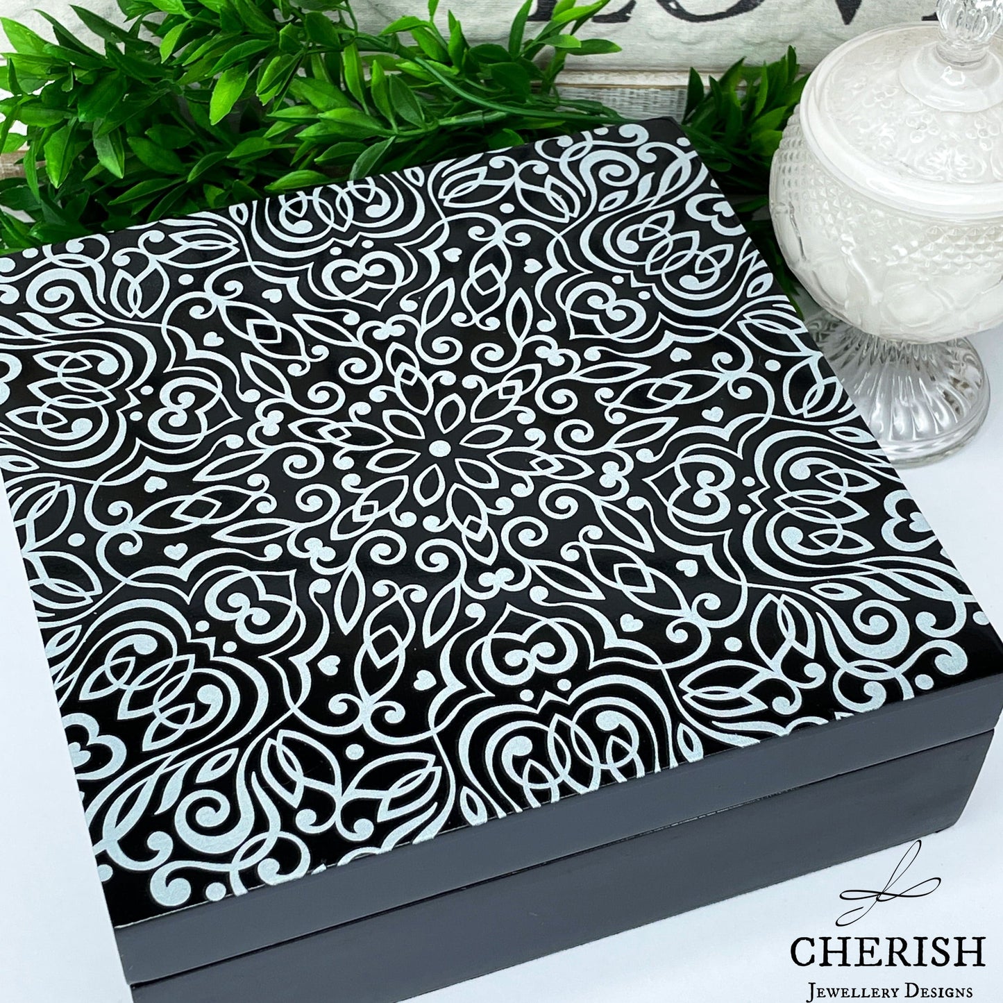 Silver Mandala Gloss Black Jewellery Box