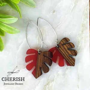 Monstera Resin & Wood Earrings - Red