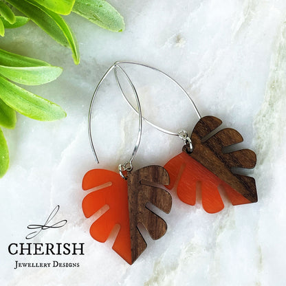 Monstera Resin & Wood Earrings - Tangerine