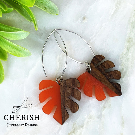 Monstera Resin & Wood Earrings - Tangerine