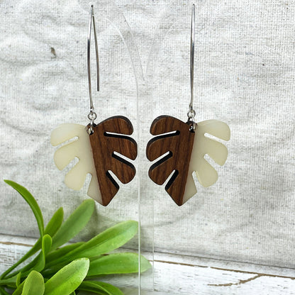 Monstera Resin & Wood Earrings - Clear