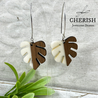 Monstera Resin & Wood Earrings - White