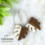Monstera Resin & Wood Earrings - White
