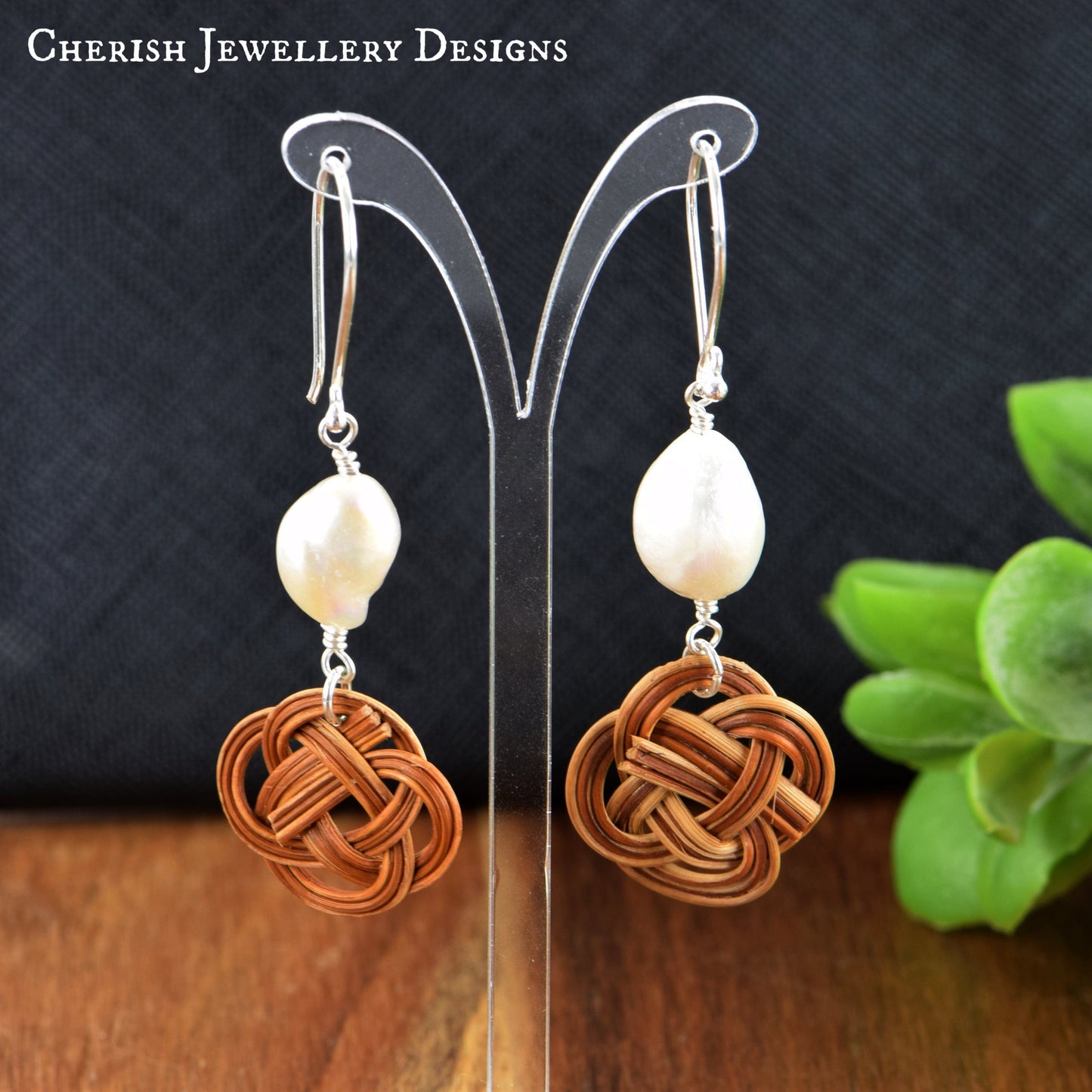 Freshwater Pearl Celtic Knot Rattan Earrings