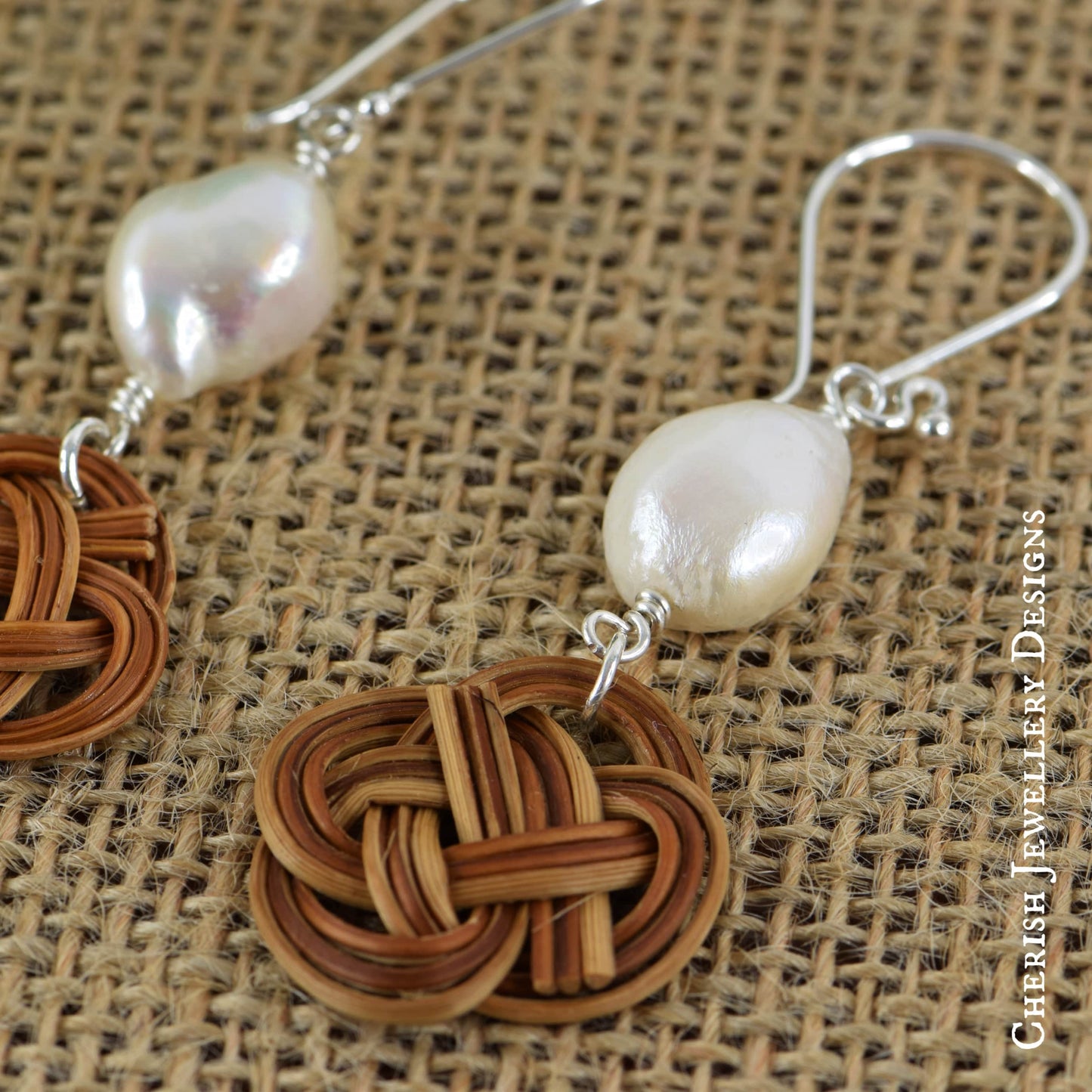 Freshwater Pearl Celtic Knot Rattan Earrings
