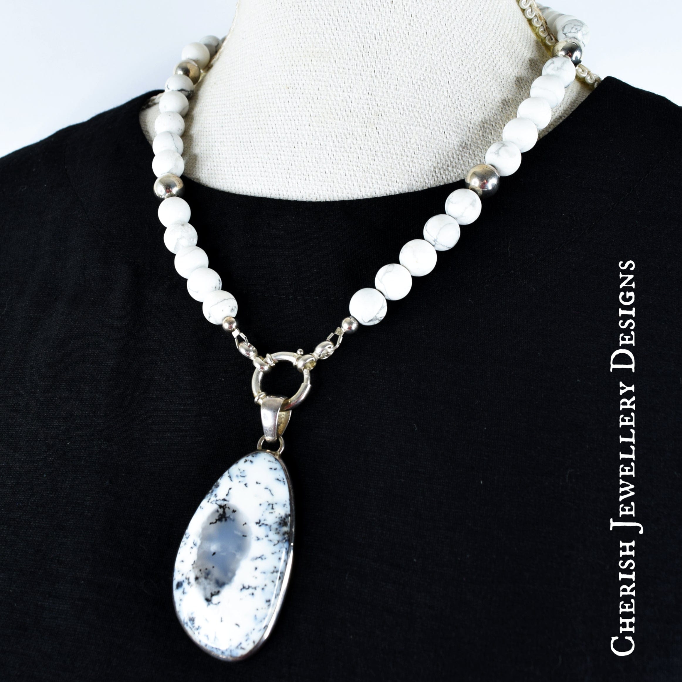 White Howlite & Sterling Silver Dendtritic Opal Pendant
